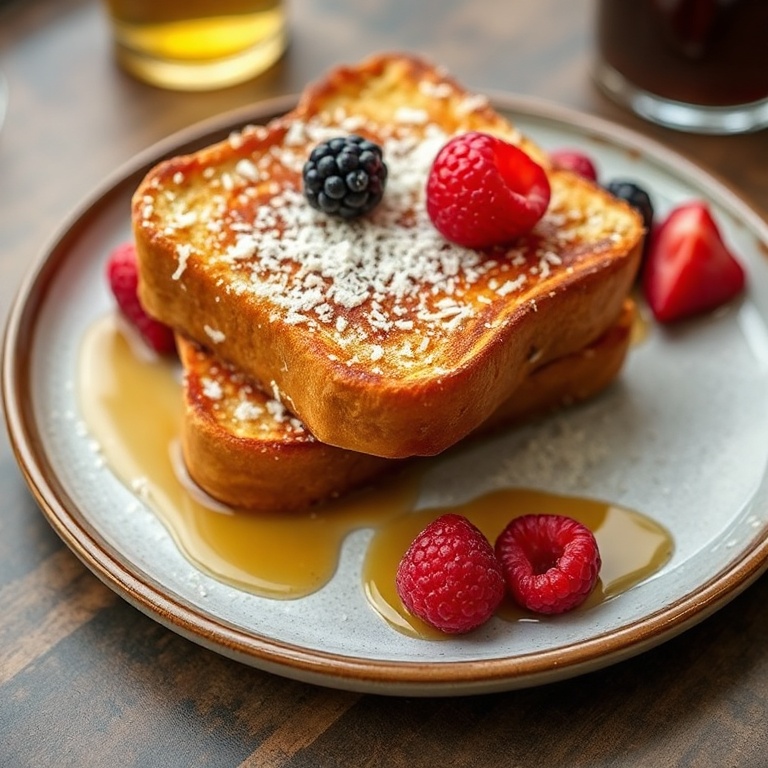 Crispy Coconut Crusted French Toast on a ceramic plate. Served with maple syrup and berries. Close crop showing texture and layers. Warm light highlighting the crust.