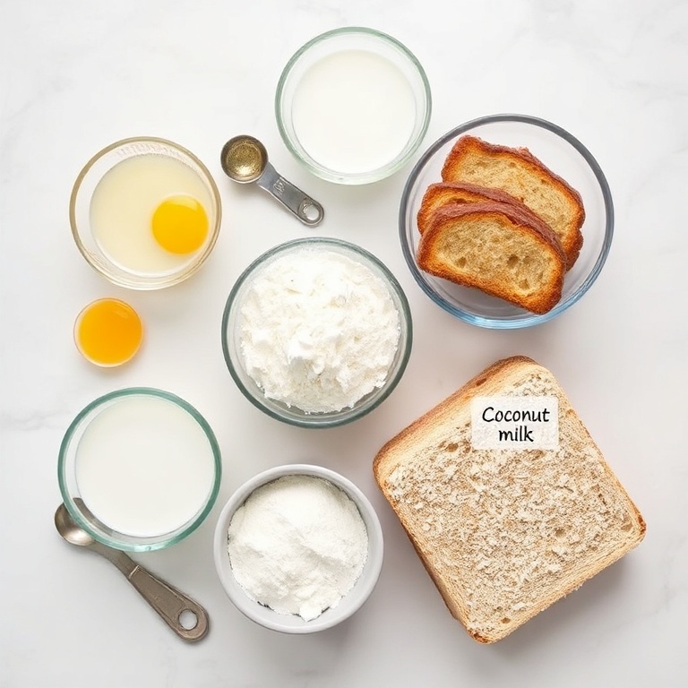 Raw ingredients for Crispy Coconut Crusted French Toast. Eggs, milk, flour, coconut, and bread. Measuring spoons and bowls visible. White marble surface. Bright even light. Photorealistic overhead food photography.