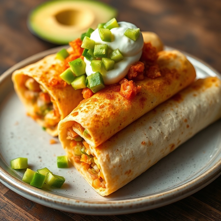 One perfect plated serving of crispy cowboy burritos. Topped with guacamole and sour cream. Close crop, food fills 90% of frame. Warm side lighting showing texture.