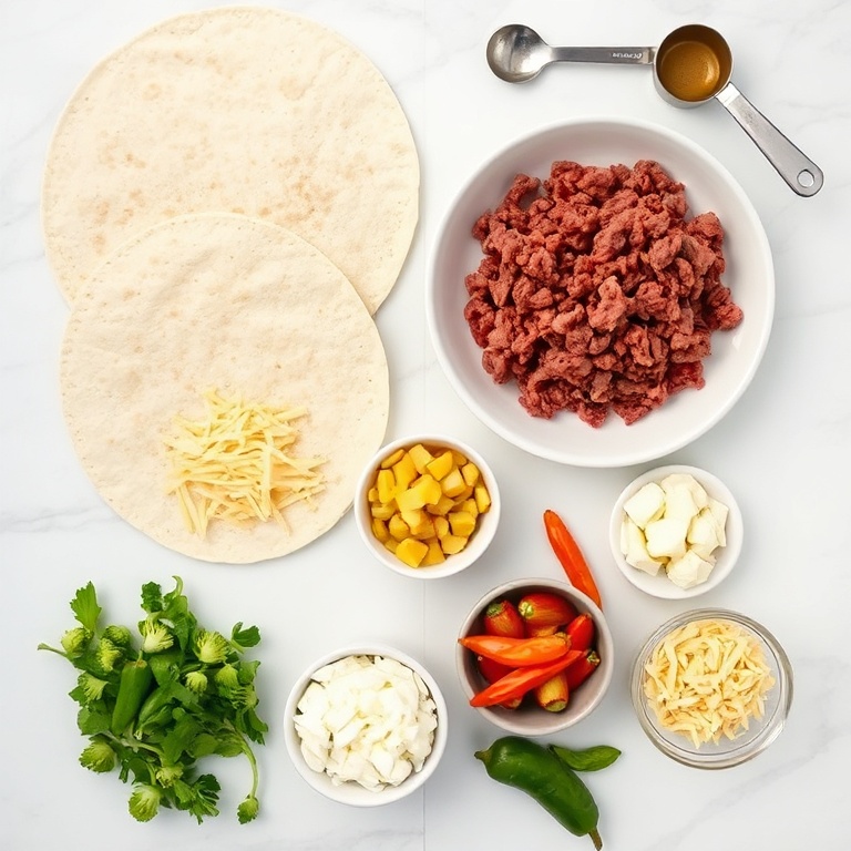 All raw ingredients for crispy cowboy burritos. Flour tortillas, ground beef, cheese, potatoes, onions, and peppers arranged in an overhead flat lay. Measuring spoons and bowls visible. Bright natural light.
