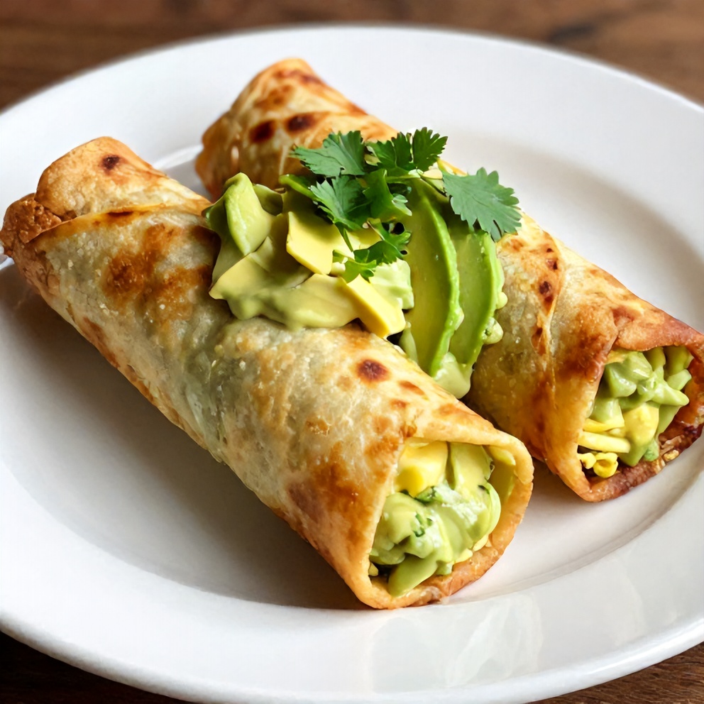 Perfectly plated Crunchwrap Supreme Egg Rolls with avocado crema and cilantro garnish on a white plate.