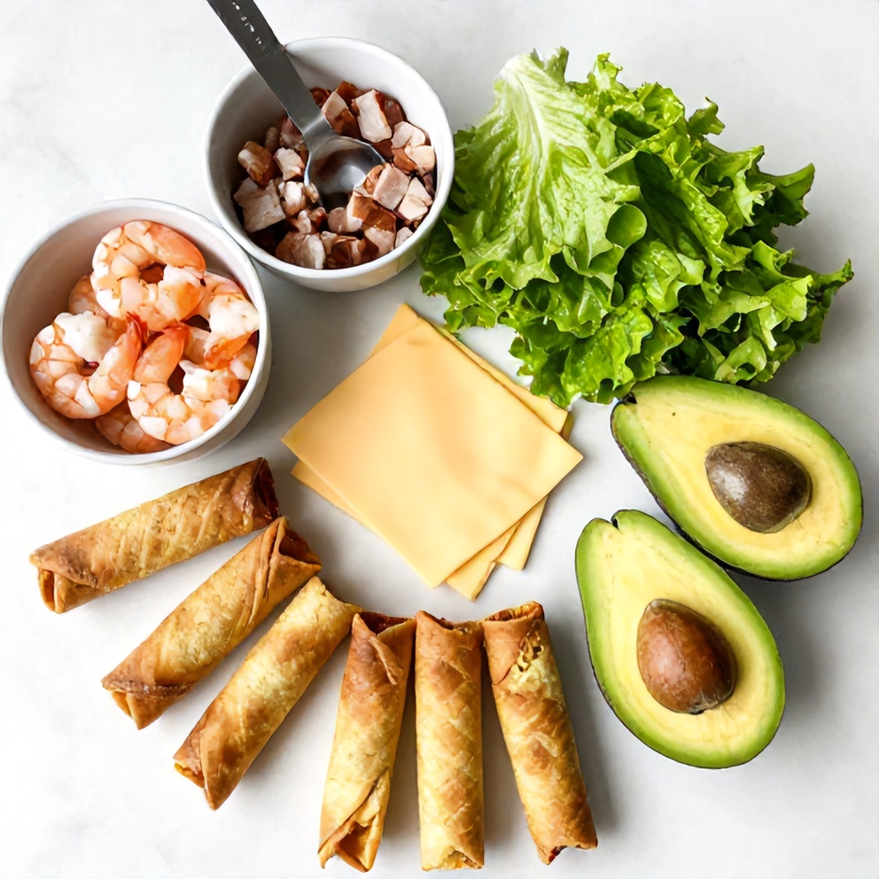 Raw ingredients for Crunchwrap Supreme Egg Rolls laid on a white marble surface. Includes shrimp, pork, lettuce, cheese, and avocado.