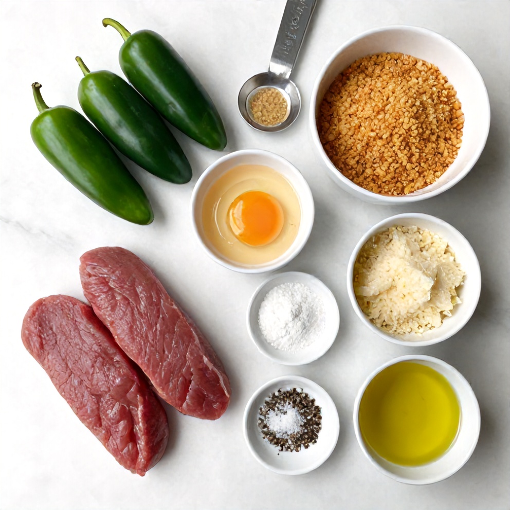 Raw ingredients for deer tenderloin jalapeño poppers on a white marble surface