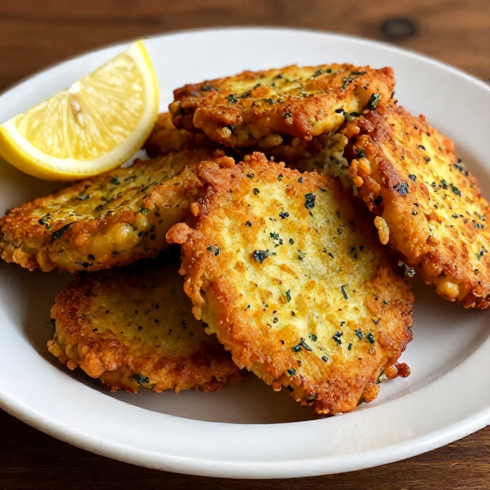 Plated Dill Pickle Fritters with a lemon wedge