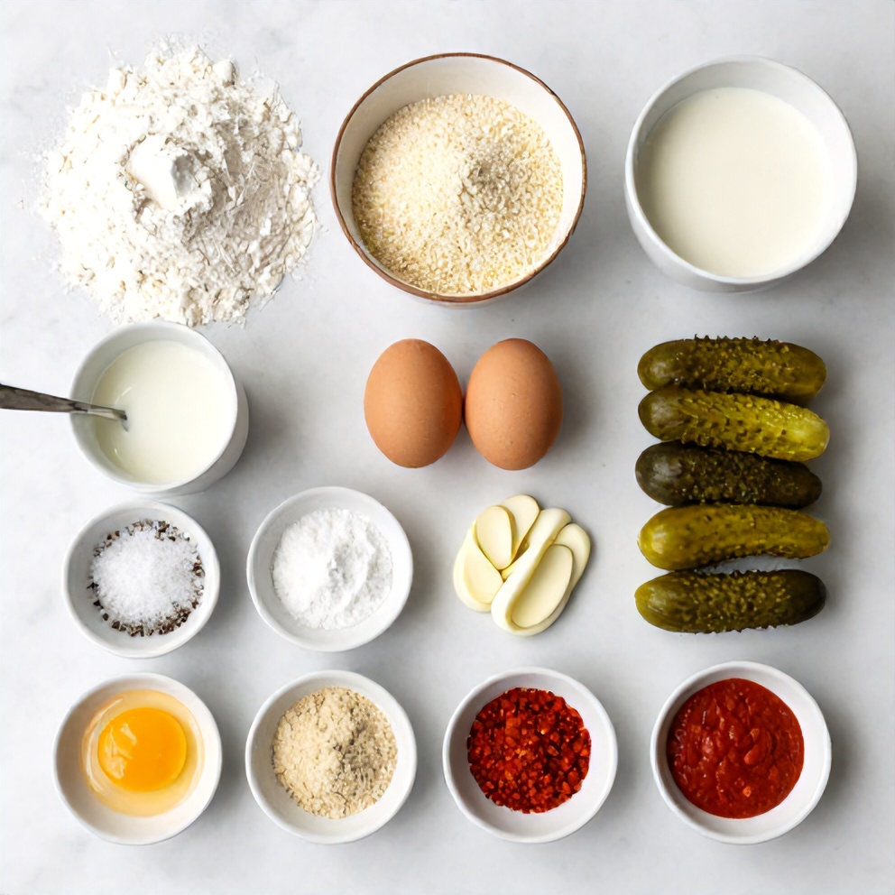 Raw ingredients for Dill Pickle Fritters on a marble surface