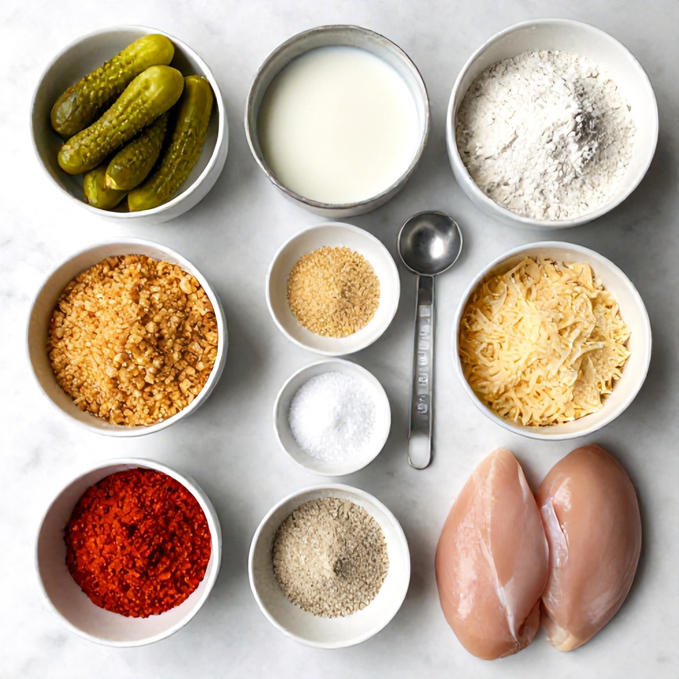 Raw ingredients for Crispy Dill Pickle Parmesan Chicken