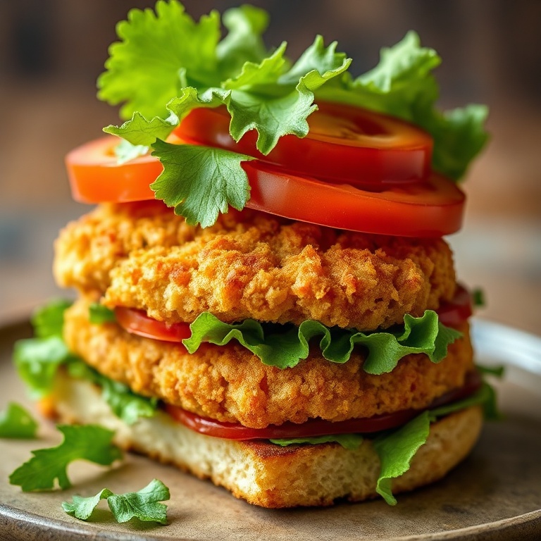 Perfect Crispy Fried Green Tomato BLT Sandwich. Topped with fresh lettuce and tomato. Close crop, food fills 90% of frame. Warm side lighting highlighting texture. Photorealistic food photography style.
