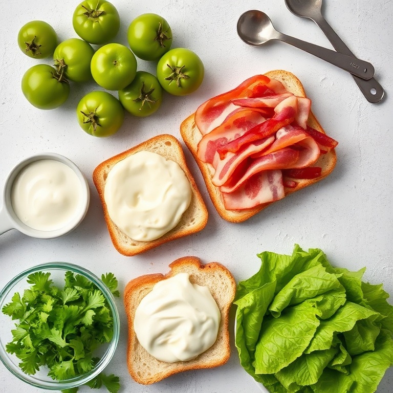 Raw ingredients for a Crispy Fried Green Tomato BLT. Green tomatoes, bacon, mayonnaise, lettuce, bread, and tomato slices arranged as an overhead flat lay. Measuring spoons and cups visible. Bright even natural light.
