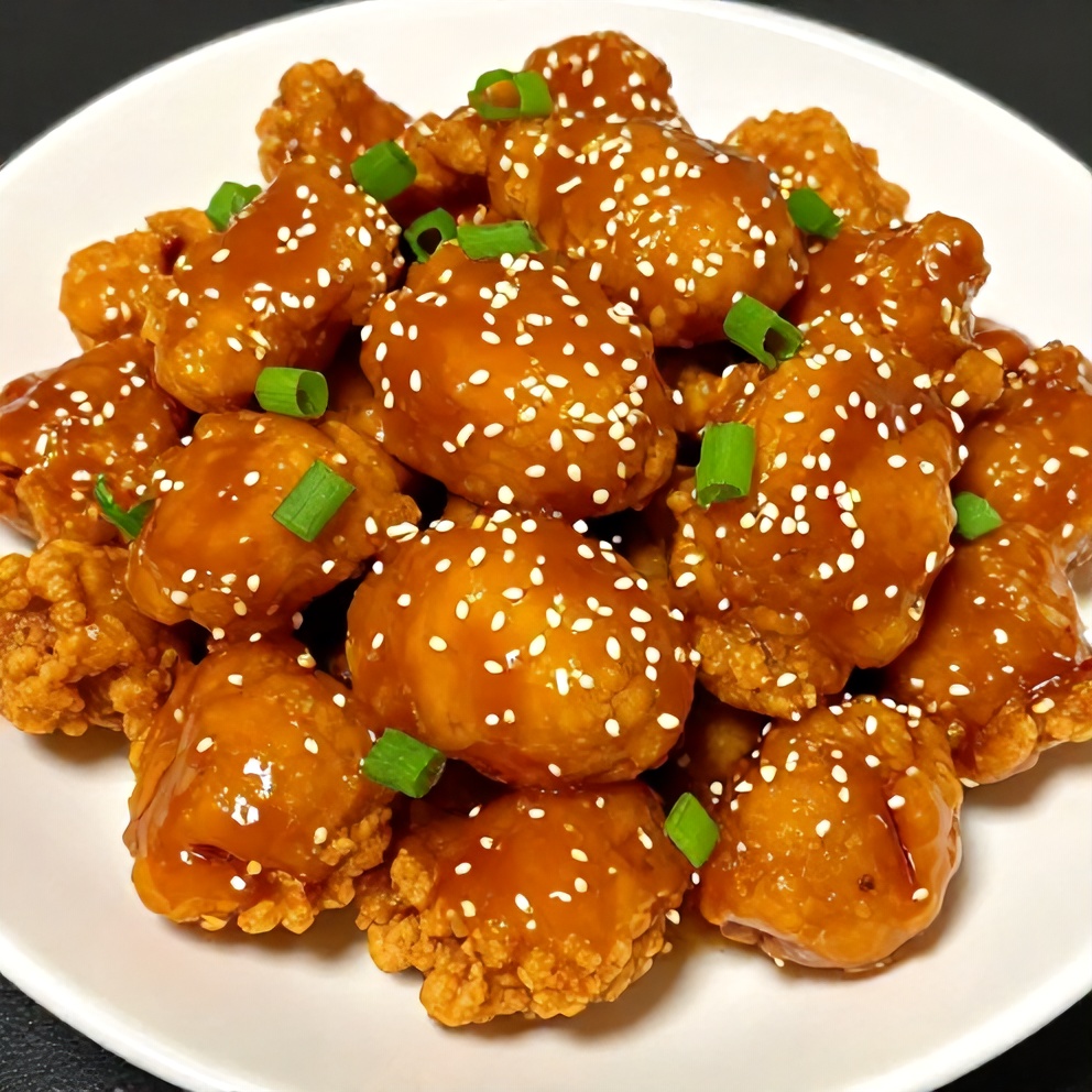 Plated Crispy Gluten-Free Orange Chicken with green onions