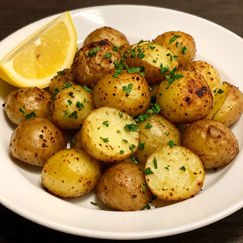 Plated serving of Crispy Greek Lemon Potatoes with fresh parsley and lemon wedge