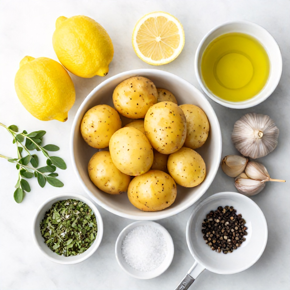 Raw ingredients for Greek Lemon Potatoes: potatoes, lemons, olive oil, garlic, oregano, salt, and pepper