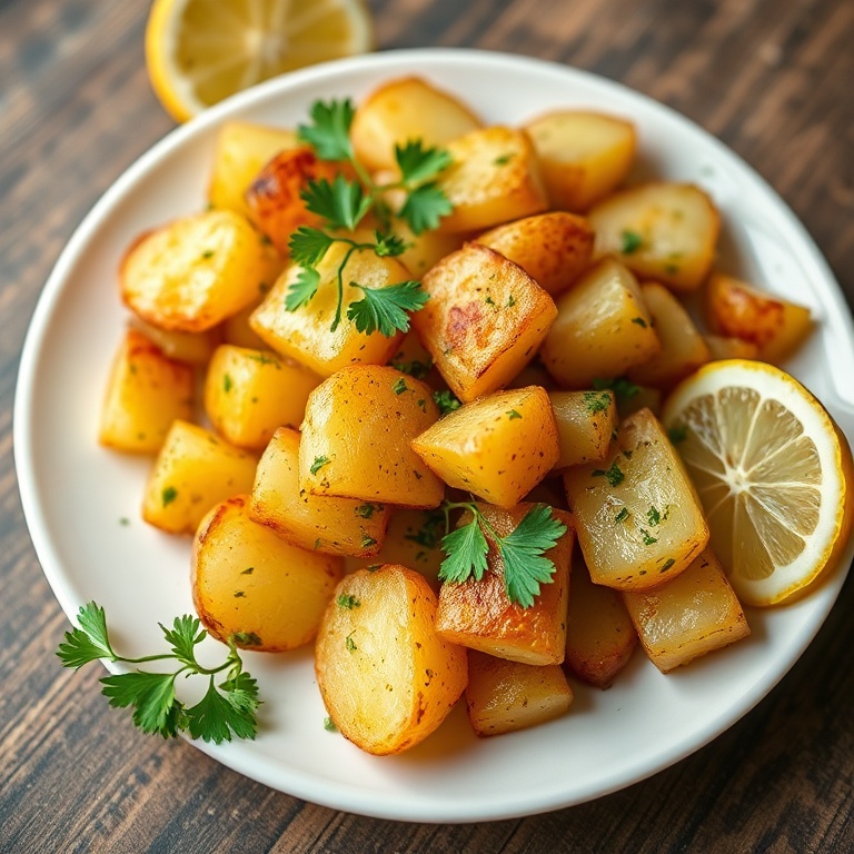 Serving of crispy Greek potatoes with lemon and garlic, garnished with fresh parsley on a white plate.