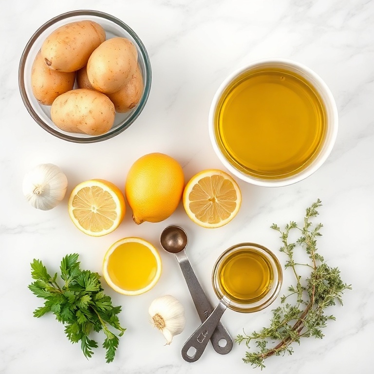 Fresh potatoes, garlic, lemon, olive oil, salt, and oregano arranged in a flat lay on white marble.