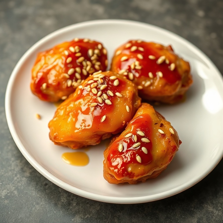 Crispy honey garlic chicken on a white plate. Garnished with sesame seeds. Close-up showing golden crust and glaze. Warm side lighting. Photorealistic food photography.