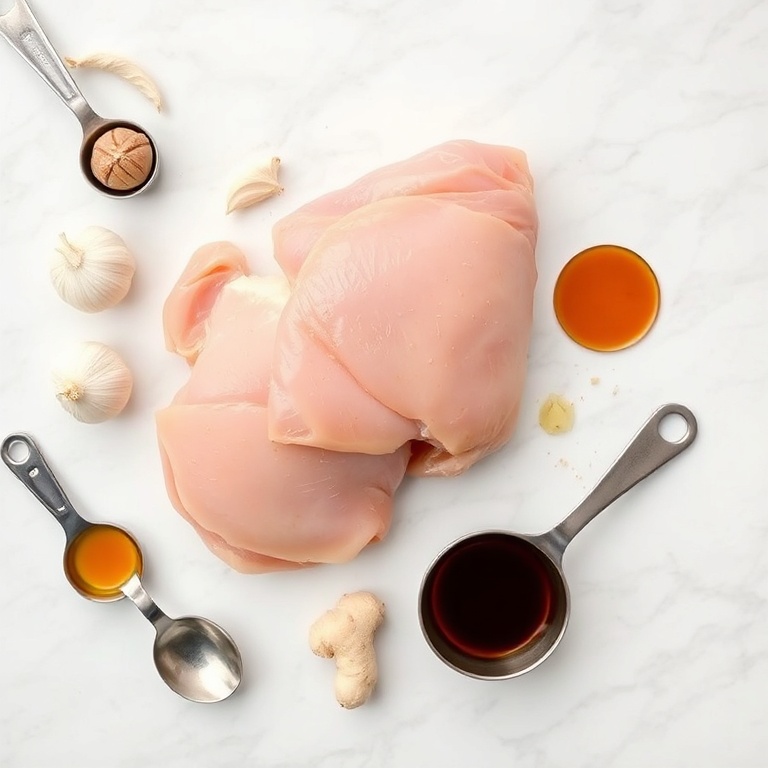 Raw chicken, garlic, honey, soy sauce, ginger. Overhead flat lay. Measuring spoons and cups visible. White marble surface. Bright even light.
