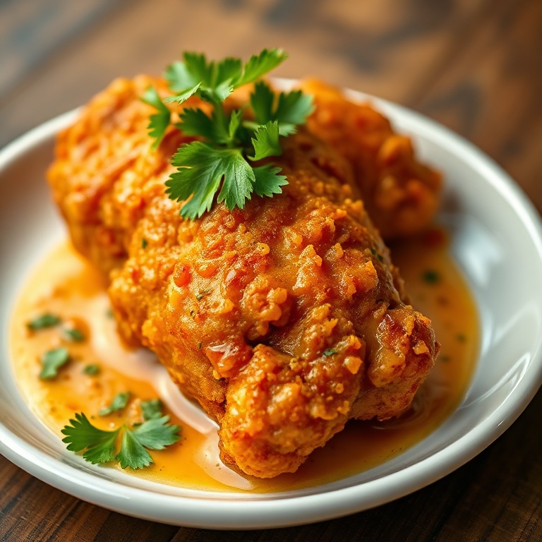 Crispy Hot Honey Fried Chicken plated with spicy butter sauce and cilantro, close crop, warm side lighting highlighting texture, photorealistic food photography