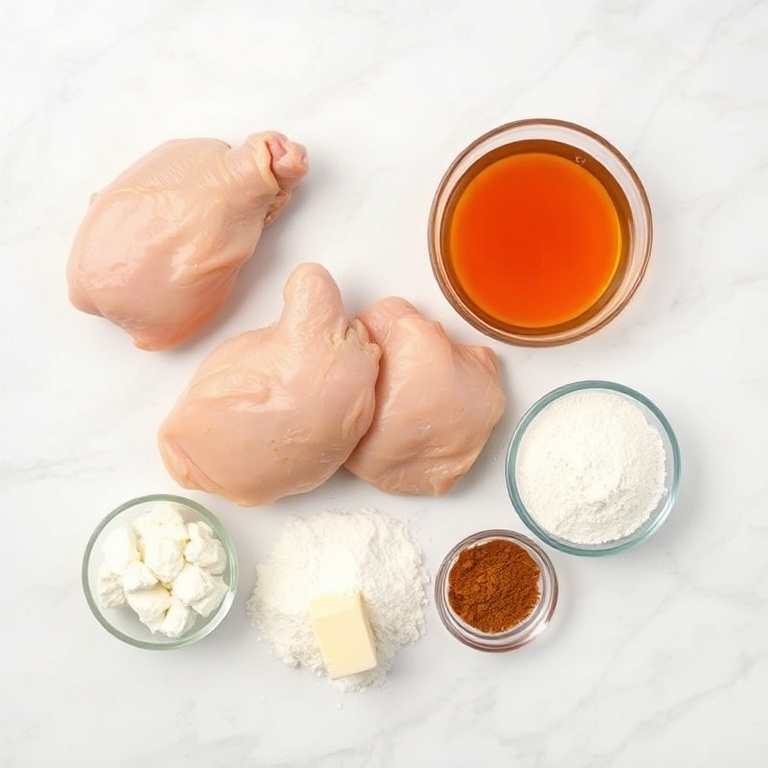 All raw ingredients for Crispy Hot Honey Fried Chicken arranged in an overhead flat lay. Chicken thighs, flour, hot honey, butter, and spices visible, white marble surface, bright even light