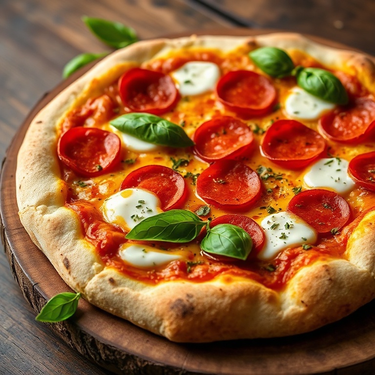 Hot Honey Pepperoni Pizza with creamy ricotta, spicy honey, and fresh basil on a rustic wood plate