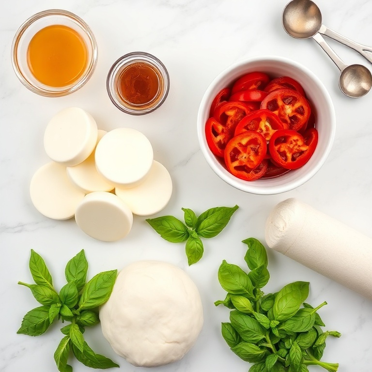 Fresh mozzarella, pepperoni slices, spicy honey, pizza dough, and fresh basil arranged in a flat lay