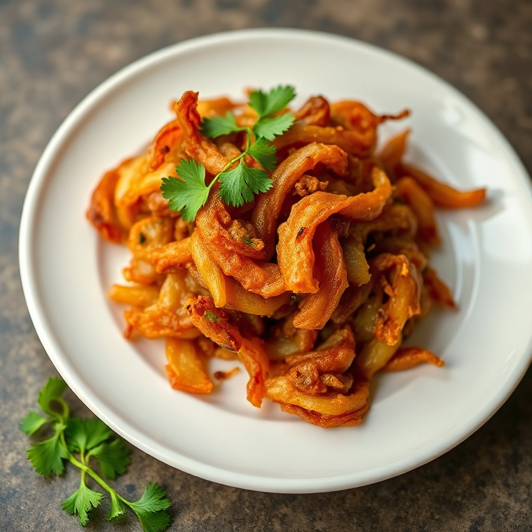 Crispy Indian Onion Bhaji on a white ceramic plate, garnished with cilantro, close crop, warm side lighting highlighting texture, photorealistic food photography style