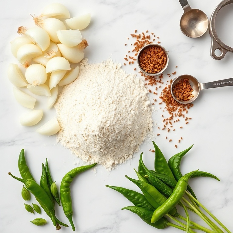 Raw onions, gram flour, cumin, curry leaves, and green chilies arranged in an overhead flat lay, measuring spoons and cups visible, white marble surface, bright even light