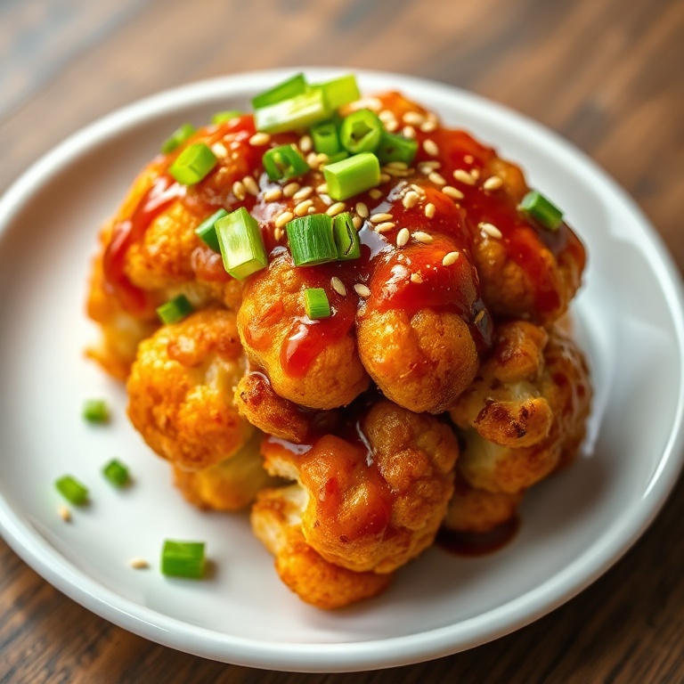 A serving of crispy Korean baked cauliflower on a round white plate, sprinkled with scallion greens and sesame seeds, with sauce pooling slightly around the florets, shot close up under warm side lighting.