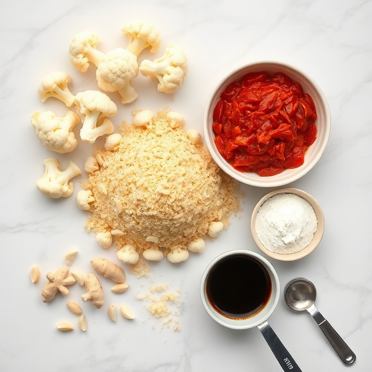 Overhead flat lay of raw cauliflower florets, gochujang, cornstarch, panko breadcrumbs, and scallions arranged with prep bowls and measuring spoons on a white marble surface.