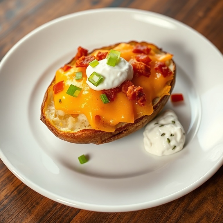 One perfectly plated crispy loaded baked potato skin, topped with bacon, cheddar, and green onions on a white round plate, shot close up with warm lighting.