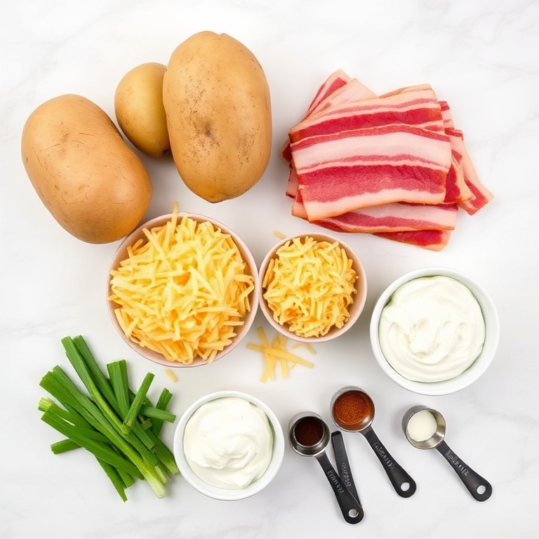 All raw ingredients for crispy loaded baked potato skins, featuring russet potatoes, bacon, shredded cheddar cheese, green onions, and sour cream on a marble surface with prep tools.