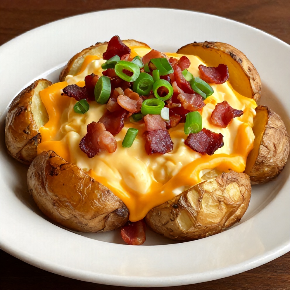Crispy Loaded Baked Potatoes plated with bacon and cheese