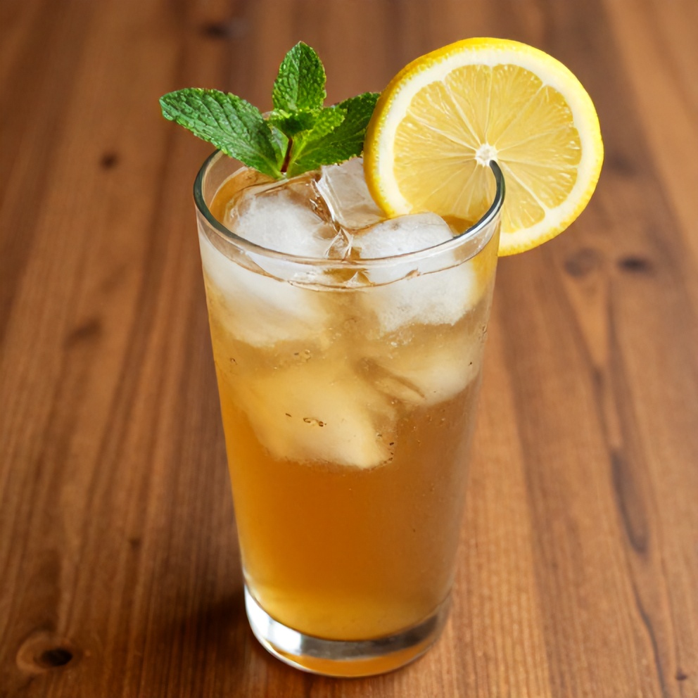 Glass of Crispy Mint Lemon Verbena Iced Tea garnished with lemon slice and fresh mint leaves, served on a wooden table