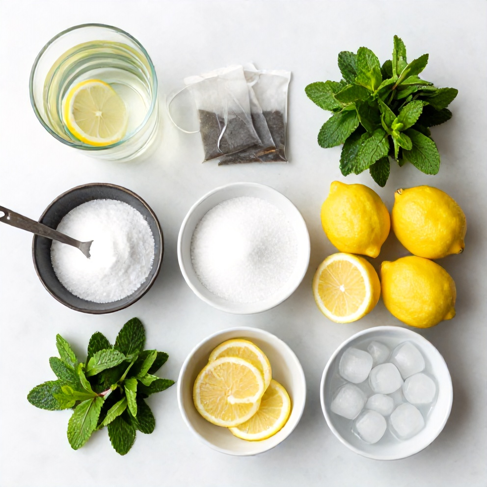 Raw ingredients for Mint Lemon Verbena Iced Tea - water, tea bags, sugar, lemons, fresh mint, lemon verbena, ice cubes