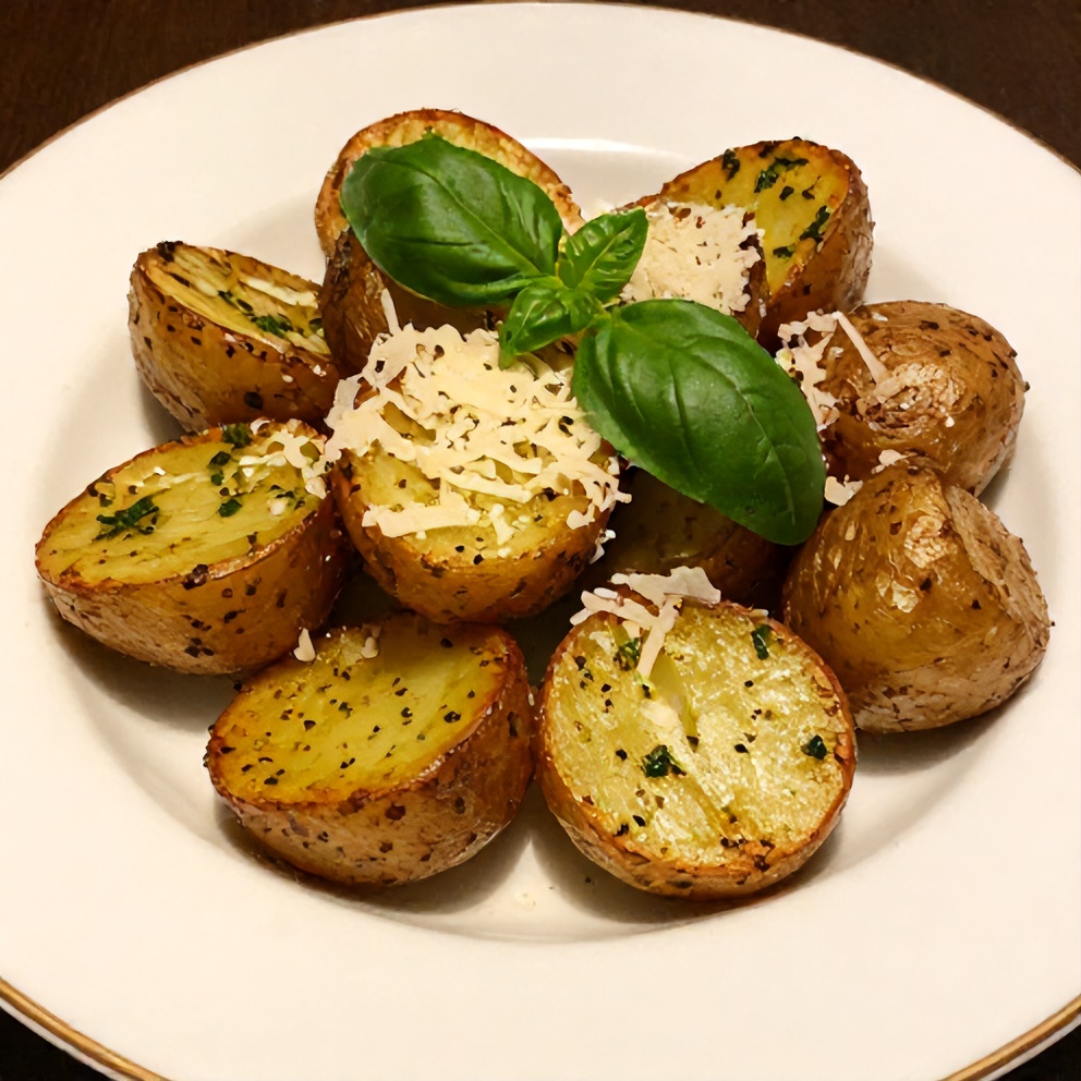 Plated serving of Crispy Parmesan Pesto Roasted Potatoes
