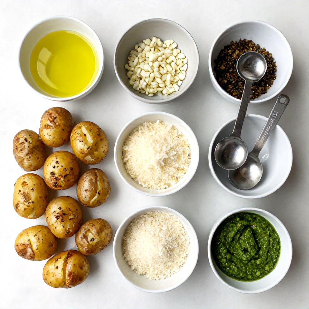 Raw ingredients for Crispy Parmesan Pesto Roasted Potatoes