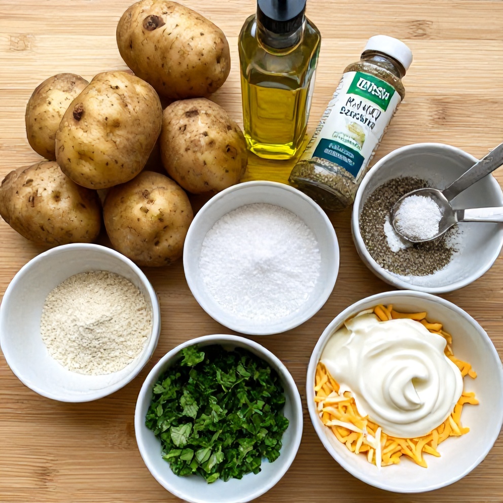 Raw ingredients for Crispy Ranch Potatoes on a wooden surface