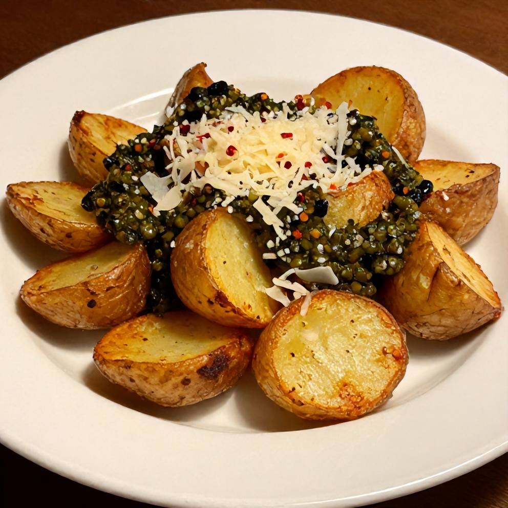 Plated crispy smashed potatoes with olive tapenade