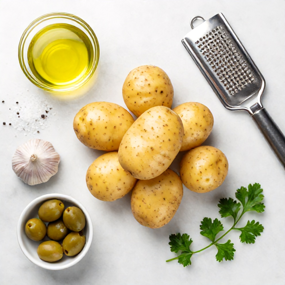 Raw ingredients for crispy smashed potatoes with olive tapenade