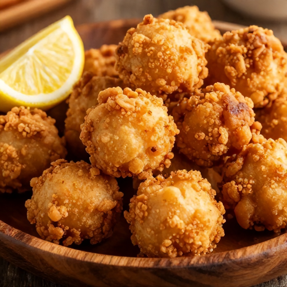 Plate of crispy hushpuppies with a lemon wedge