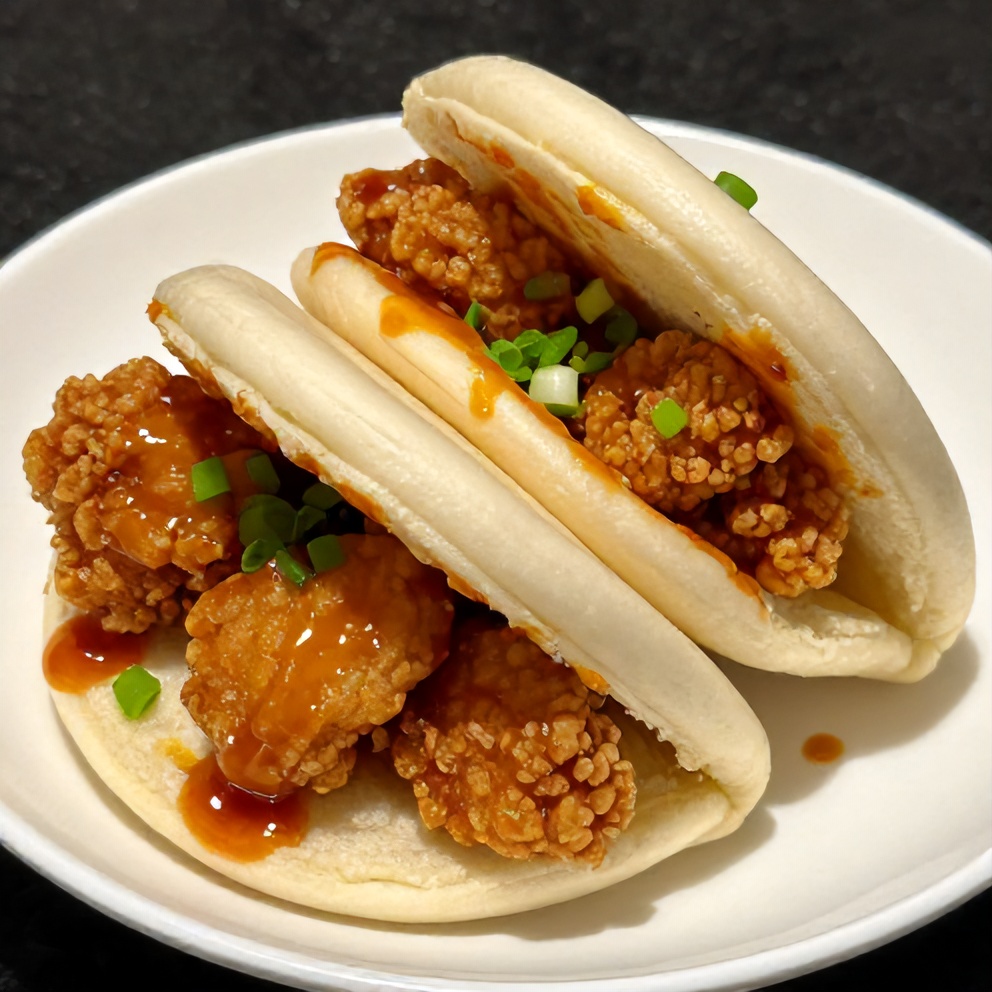 Plated Crispy Sticky Chicken Bao Buns on a white plate