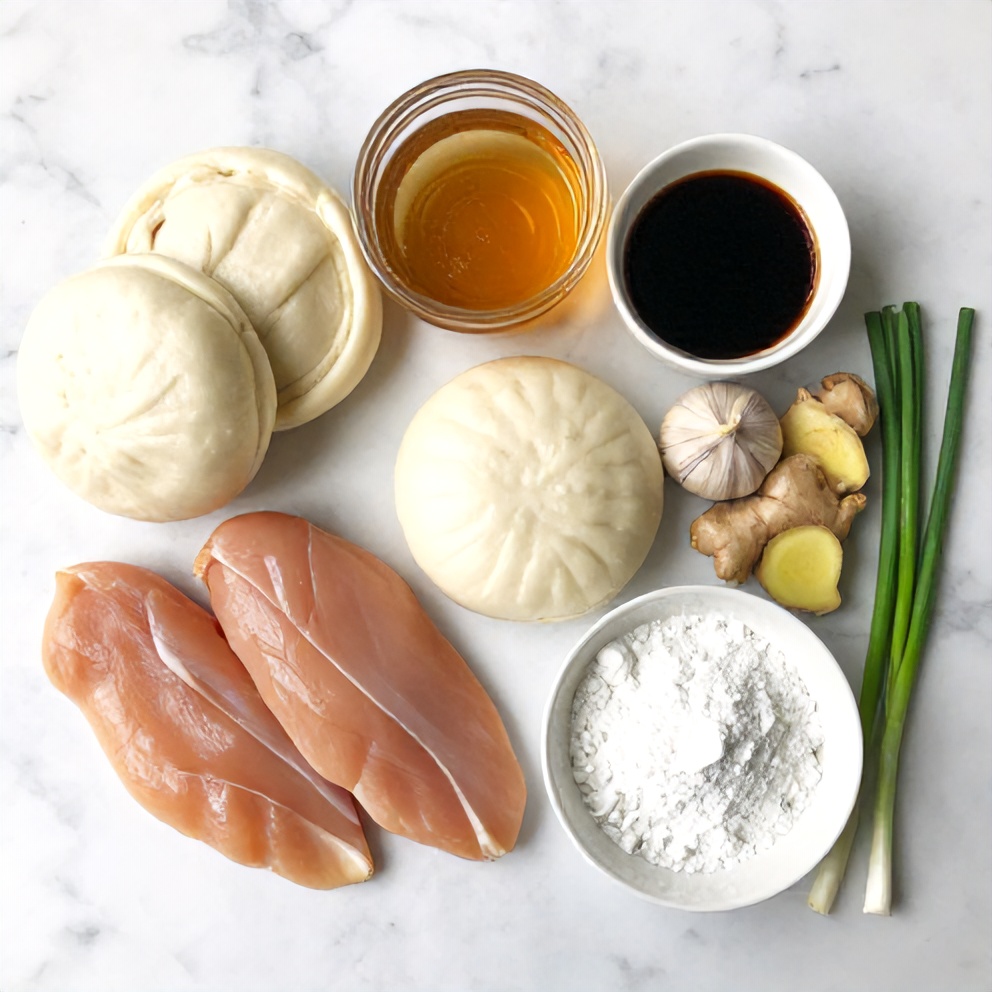 Raw ingredients for Crispy Sticky Chicken Bao Buns on a marble surface