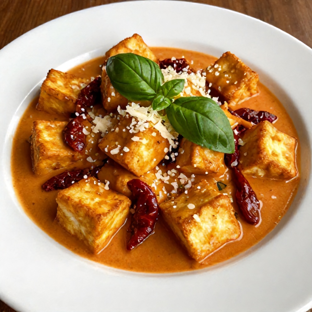 Plated Crispy Tofu in Creamy Sun-Dried Tomato Sauce