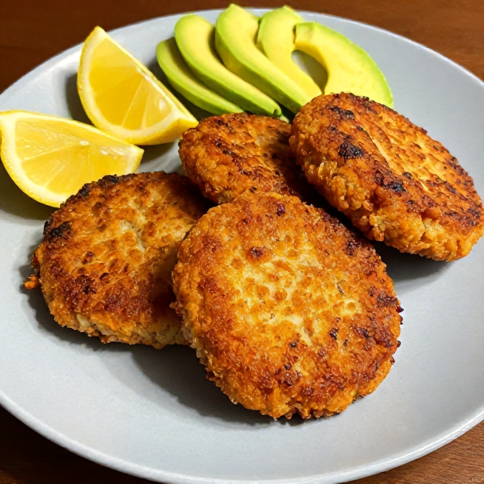Plated Tuna Patties with lemon wedges