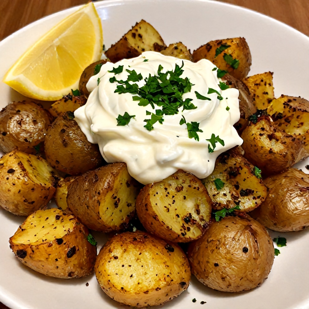 Plated Za’atar Smashed Potatoes with Creamy Tahini Yogurt