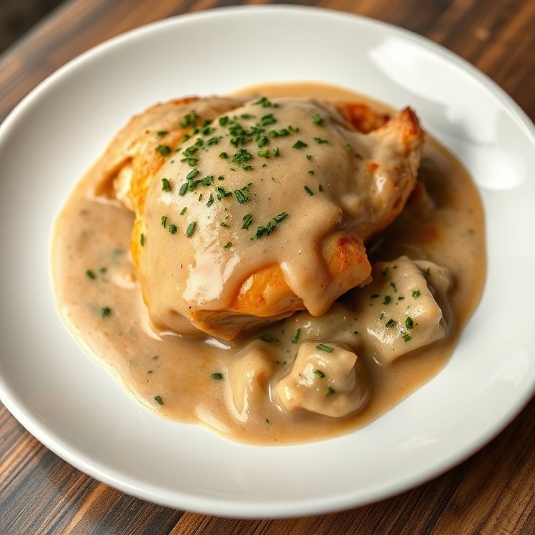 Plated chicken pot roast with creamy gravy and fresh herbs on a white plate