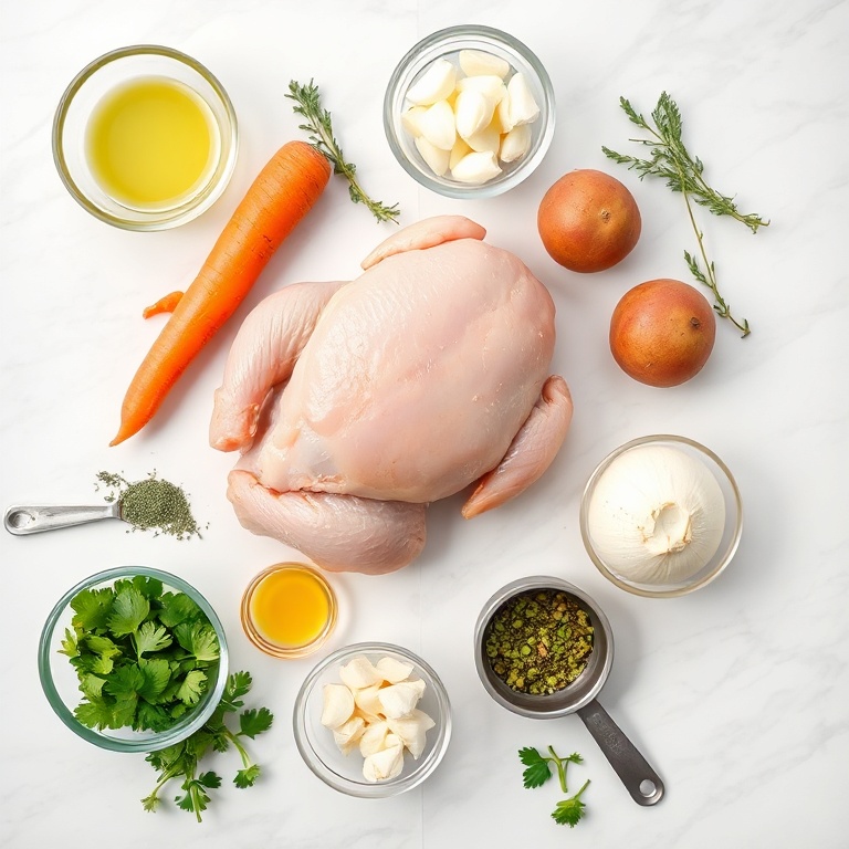 Raw chicken, carrots, potatoes, onions, garlic, and herbs arranged in a flat lay