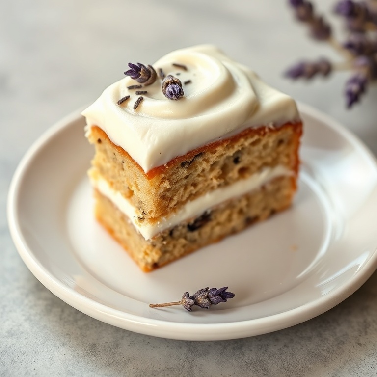 One plated slice of Earl Grey lavender cake with piped cream cheese frosting and lavender buds, on a white plate, bright side light showing texture.