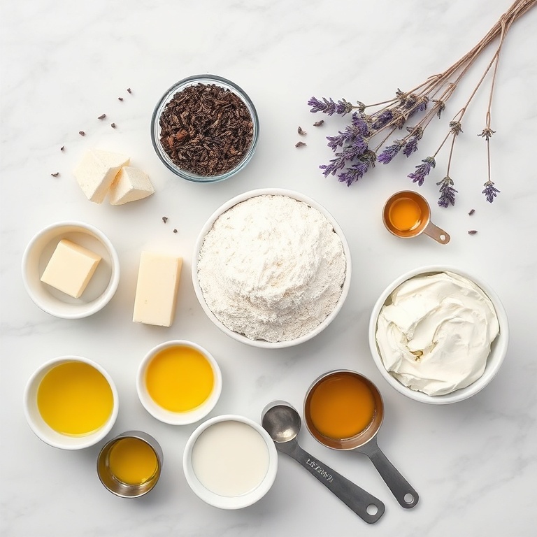 Flat lay of Earl Grey tea, culinary lavender, cream cheese, cake flour, and eggs, with bowls and spoons on white marble.
