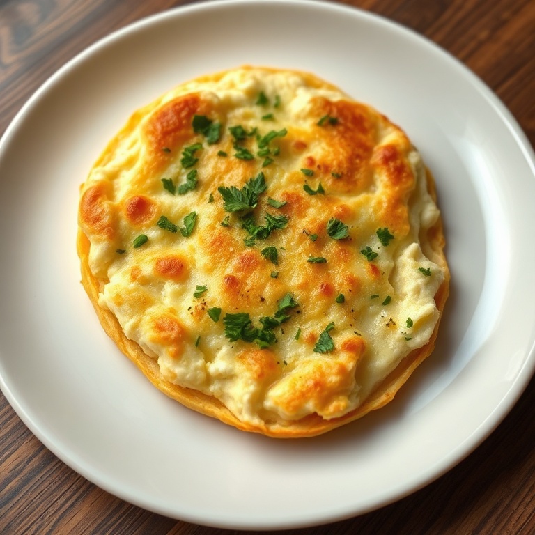 One golden cottage cheese flatbread with torn edge served on a small white plate, parsley garnish, warm natural light, close crop.