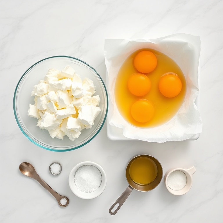 Overhead flat lay of large bowl cottage cheese, eggs, parchment, olive oil, and salt in prep bowls on white marble, bright light.