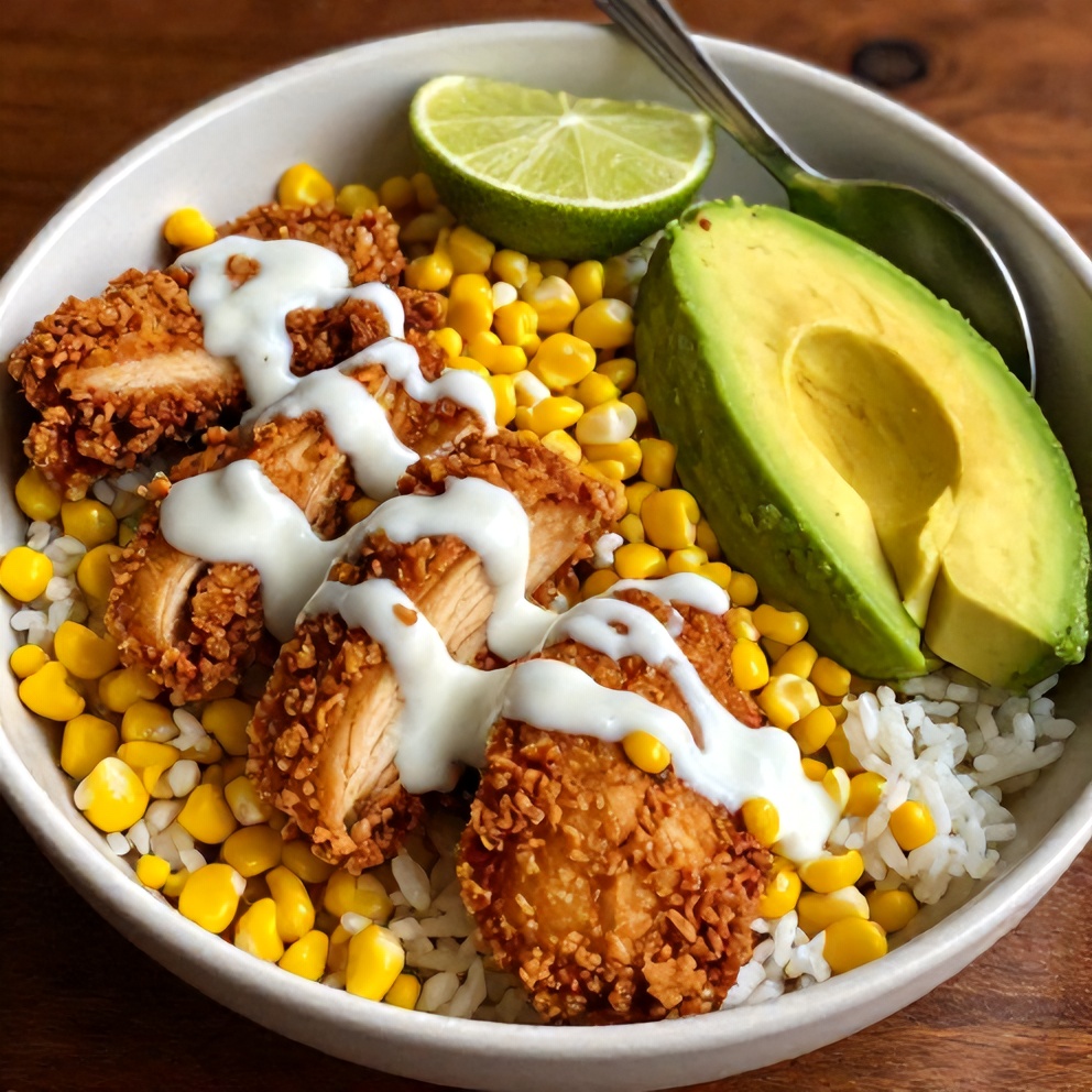 Finished street corn chicken rice bowl with crispy chicken, sweet corn, avocado, and zesty lime crema